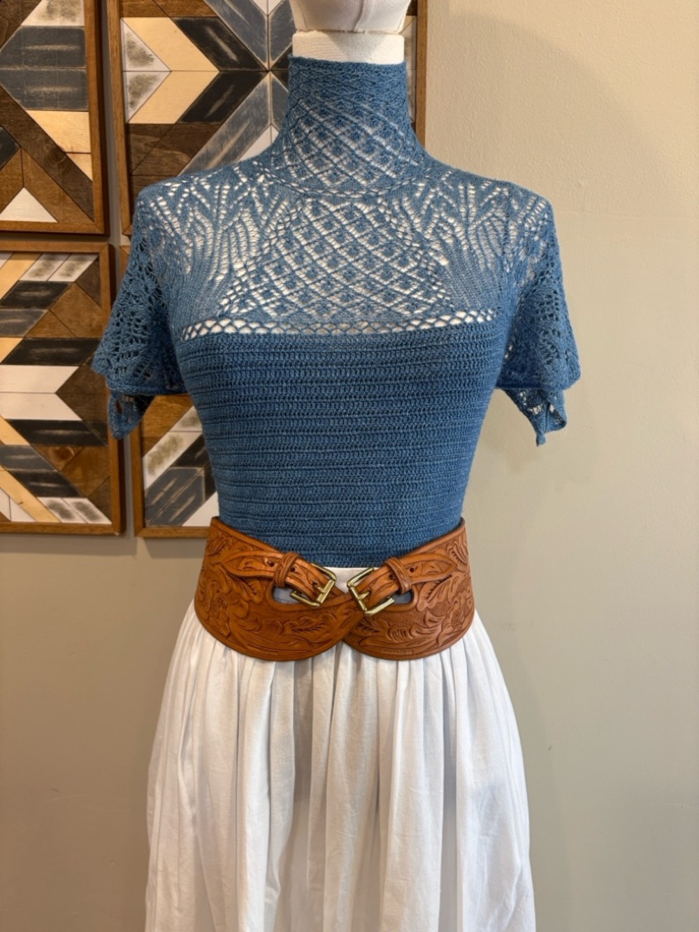 Vintage Ralph Lauren Brown Tooled Leather Cross Double Buckle Belt size Medium - Picture 2 of 16